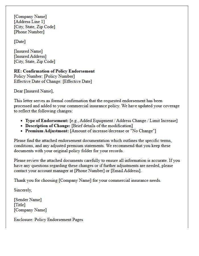 Commercial Coverage Endorsement Confirmation Letter