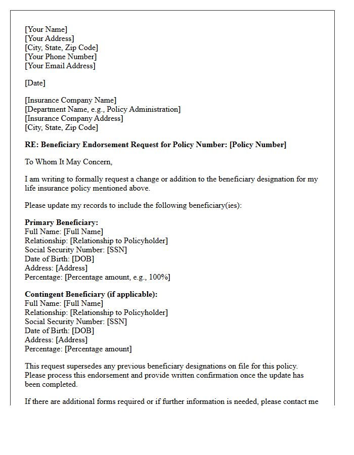 Life Insurance Beneficiary Endorsement Letter