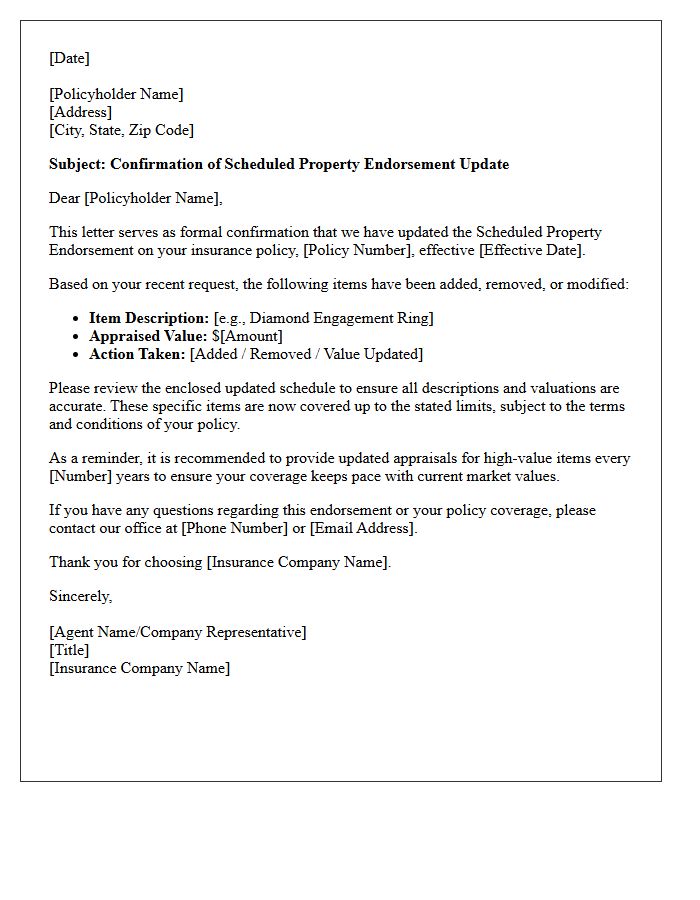 Scheduled Property Endorsement Update Letter