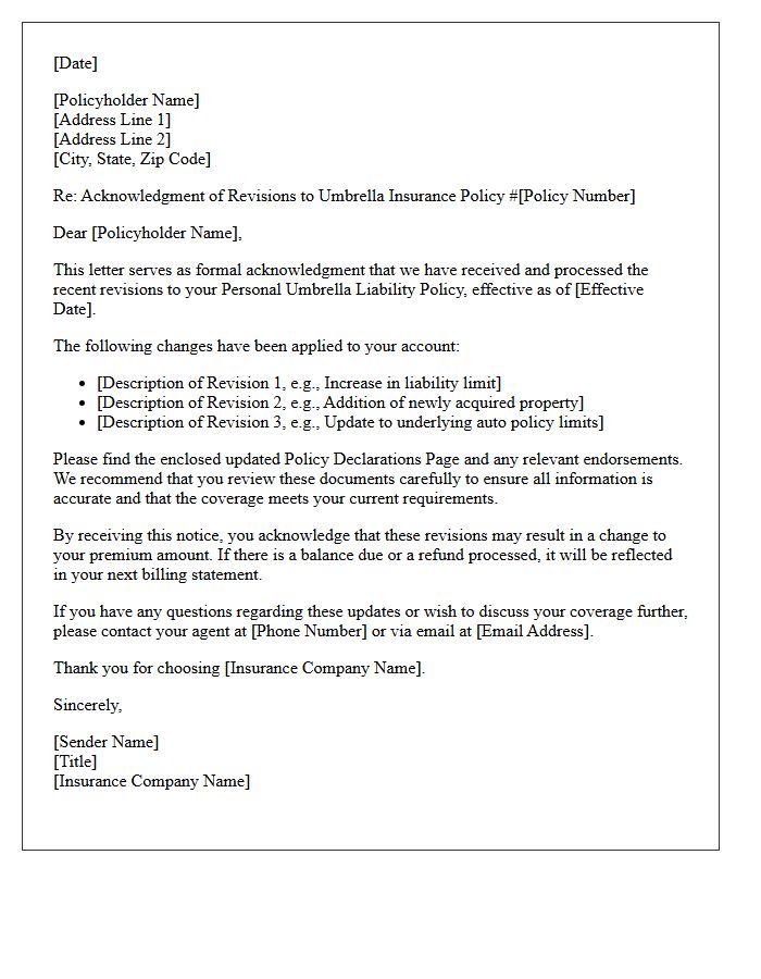 Umbrella Policy Revision Acknowledgment Letter