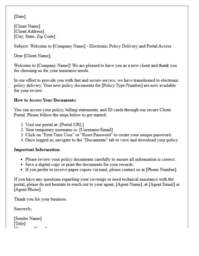 New Client Welcome Electronic Policy Delivery and Portal Access Letter