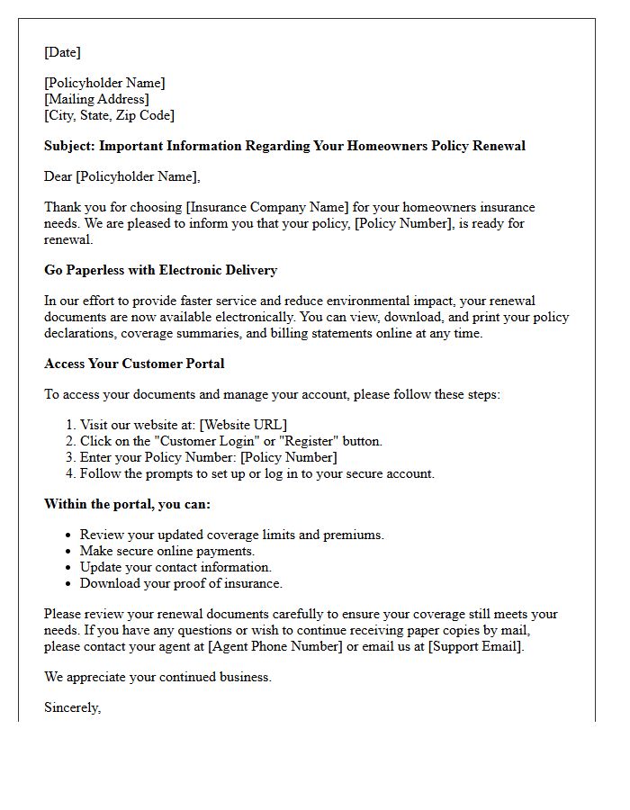 Homeowners Policy Renewal Electronic Delivery and Portal Access Letter
