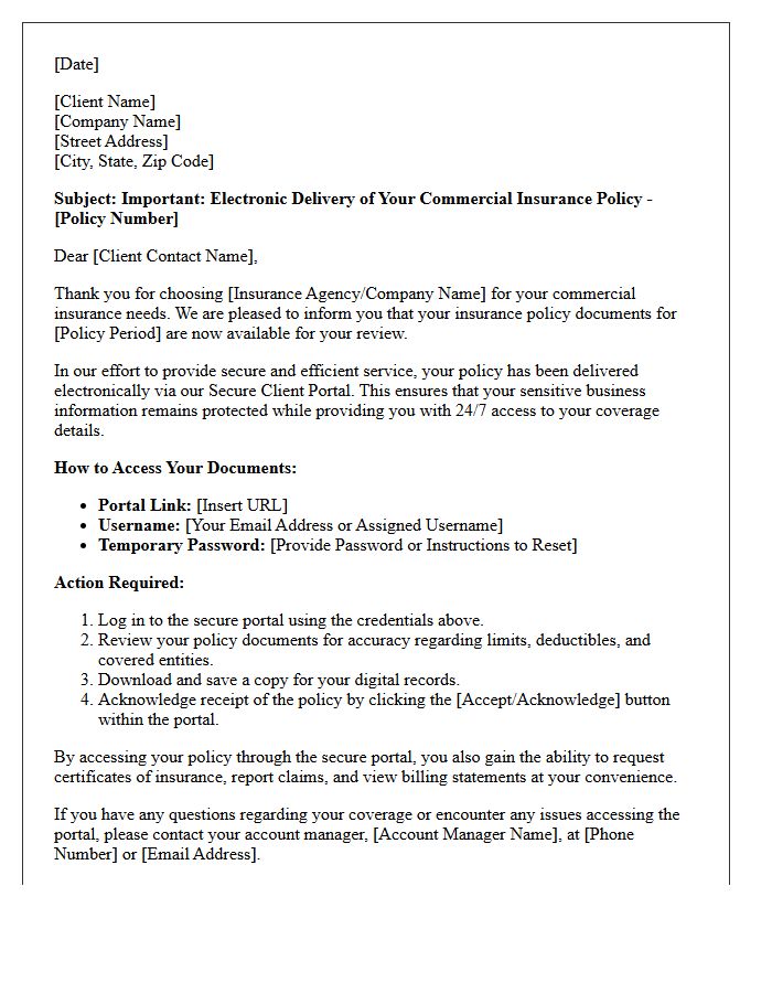 Commercial Insurance Electronic Policy Delivery and Secure Portal Access Letter