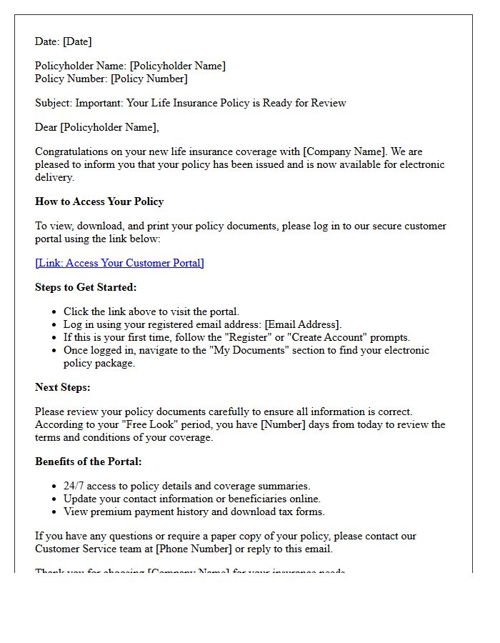 Life Insurance Electronic Policy Delivery and Portal Access Letter