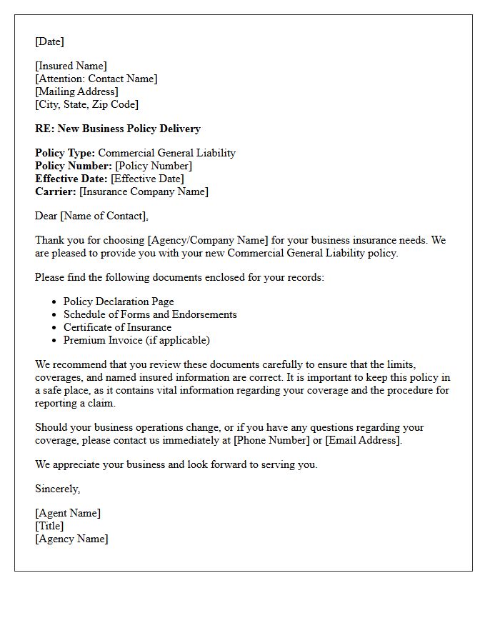 New Business Commercial General Liability Policy Delivery Letter