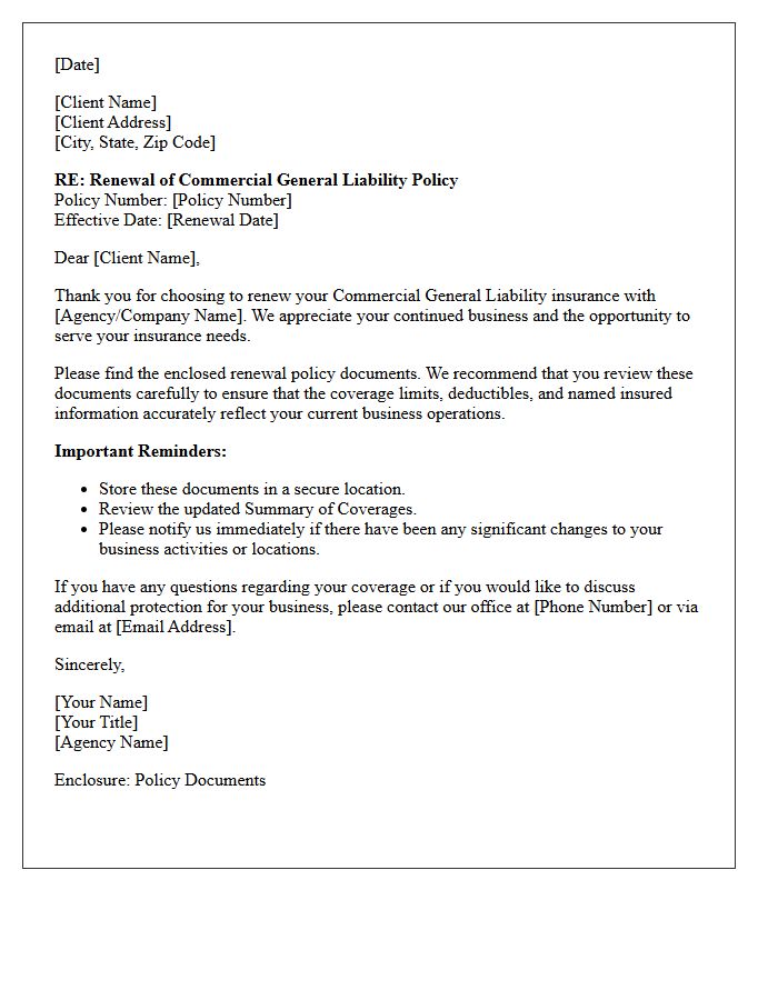 Renewal Commercial General Liability Policy Delivery Letter