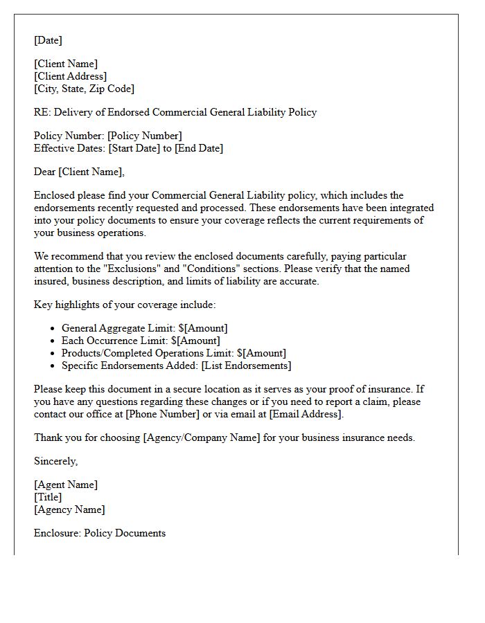 Endorsed Commercial General Liability Policy Delivery Letter