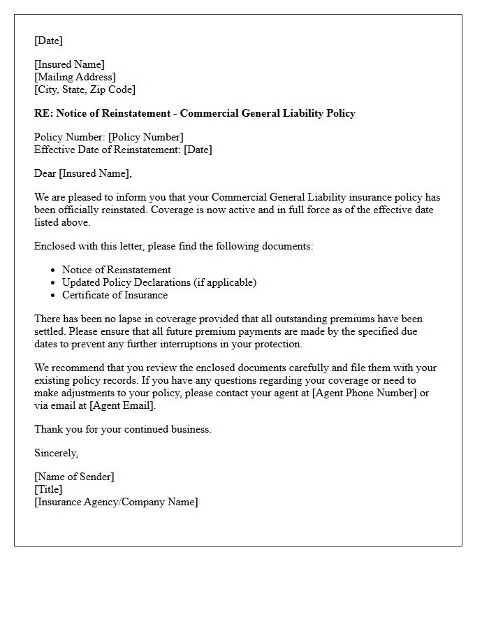 Reinstated Commercial General Liability Policy Delivery Letter