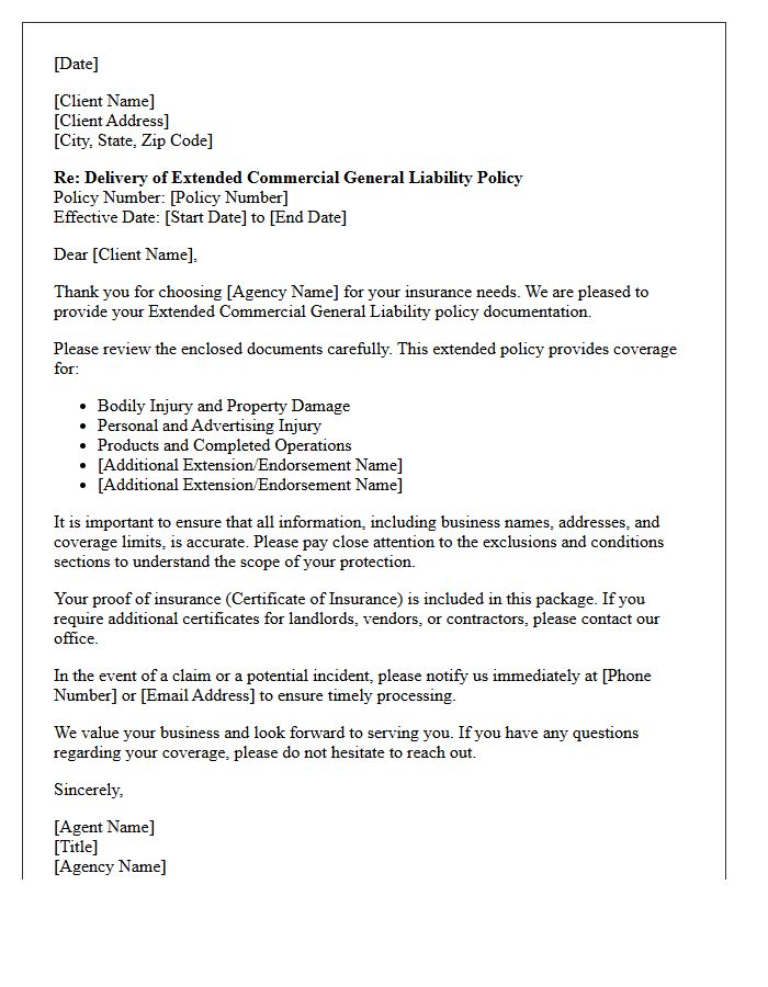 Extended Commercial General Liability Policy Delivery Letter