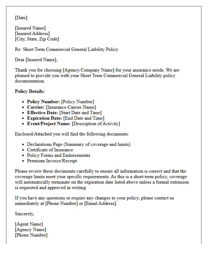 Short Term Commercial General Liability Policy Delivery Letter