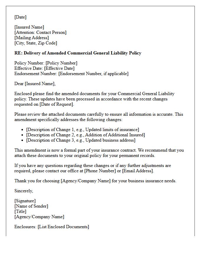 Amended Commercial General Liability Policy Delivery Letter