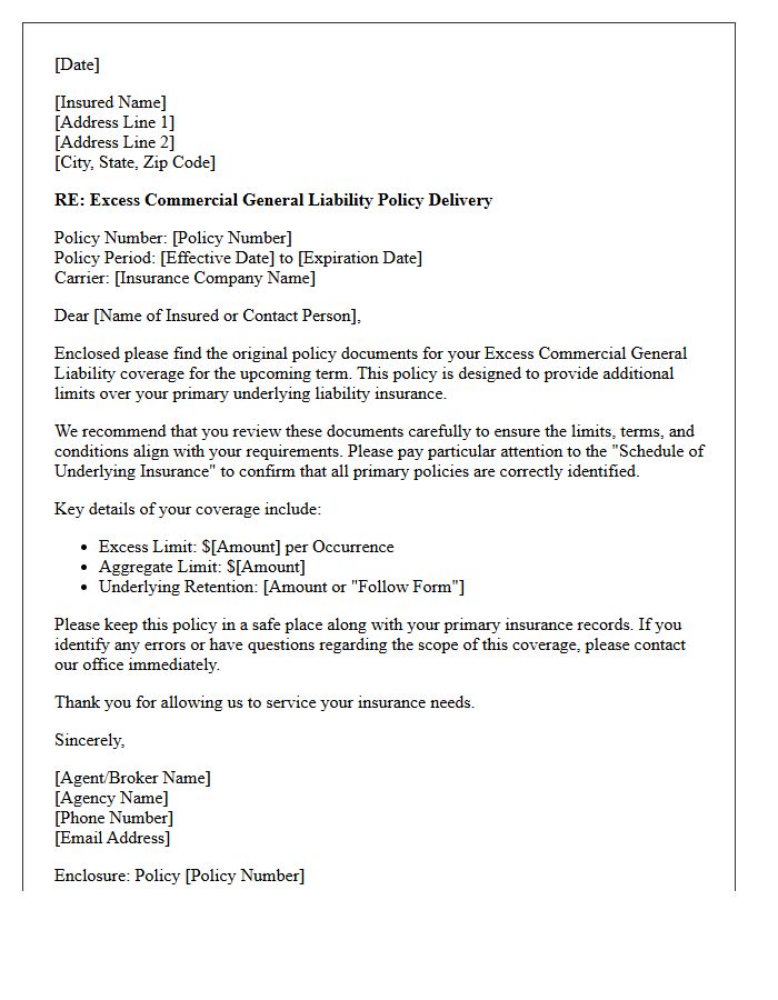 Excess Commercial General Liability Policy Delivery Letter