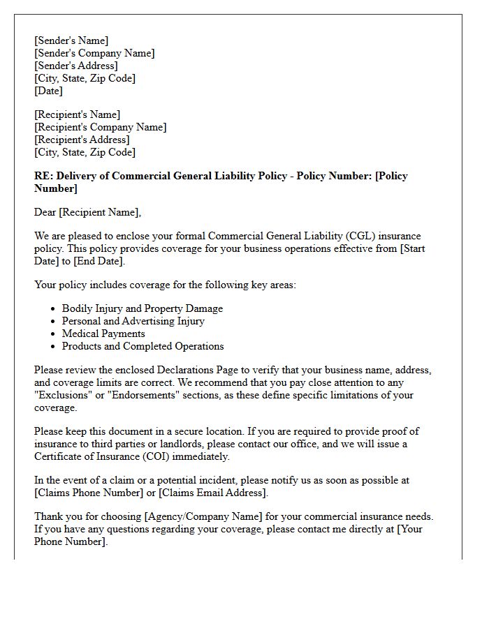 Comprehensive Commercial General Liability Policy Delivery Letter