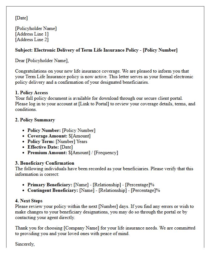 Electronic Term Life Insurance Policy Delivery And Beneficiary Confirmation Letter