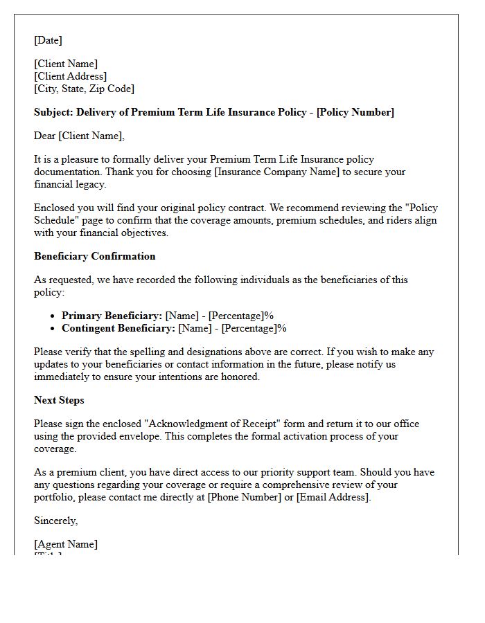 Premium Client Term Life Insurance Policy Delivery And Beneficiary Confirmation Letter