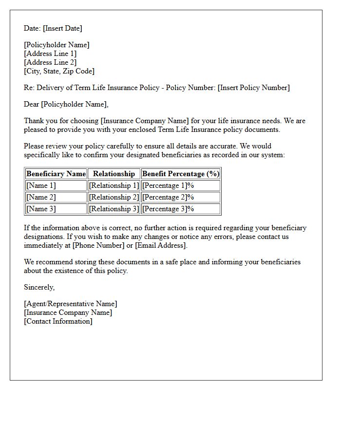 Multiple Beneficiary Term Life Insurance Policy Delivery And Beneficiary Confirmation Letter