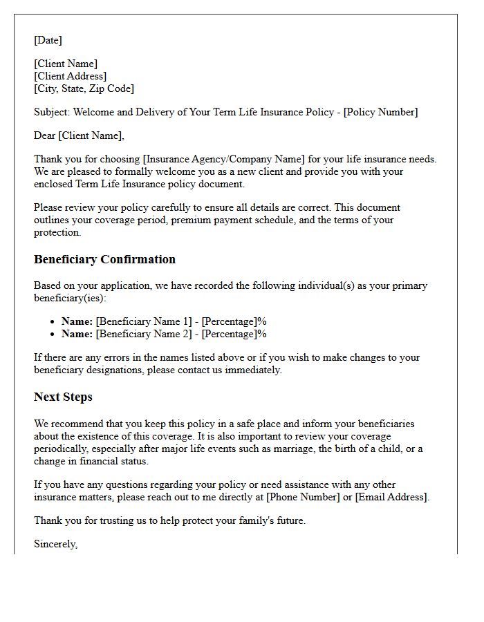 New Client Welcome Term Life Insurance Policy Delivery And Beneficiary Confirmation Letter
