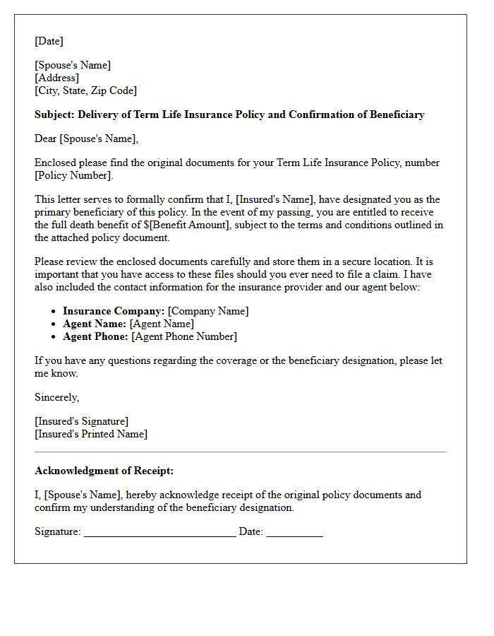 Spousal Beneficiary Term Life Insurance Policy Delivery And Beneficiary Confirmation Letter