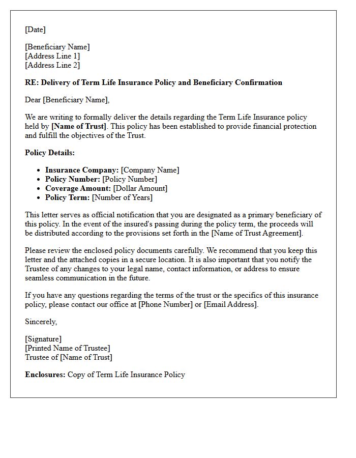 Trust Beneficiary Term Life Insurance Policy Delivery And Beneficiary Confirmation Letter