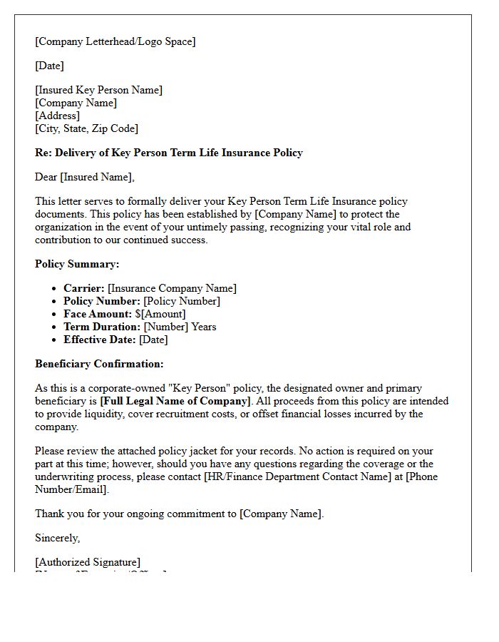 Corporate Key Person Term Life Insurance Policy Delivery And Beneficiary Confirmation Letter