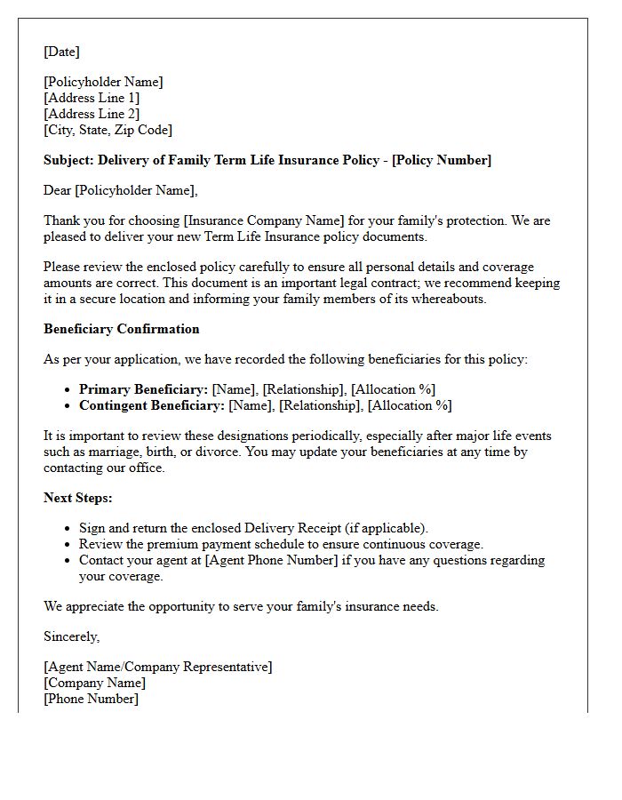 Family Term Life Insurance Policy Delivery And Beneficiary Confirmation Letter