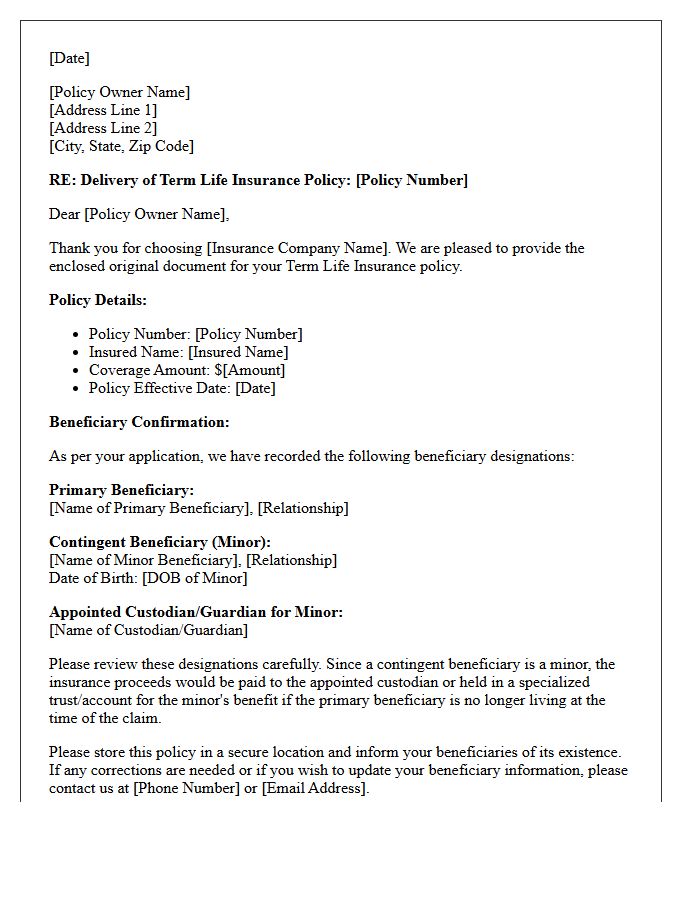 Minor Beneficiary Contingent Term Life Insurance Policy Delivery And Beneficiary Confirmation Letter