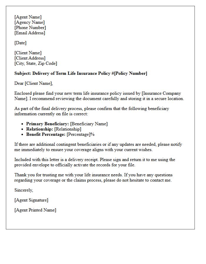 Agent Assisted Term Life Insurance Policy Delivery And Beneficiary Confirmation Letter