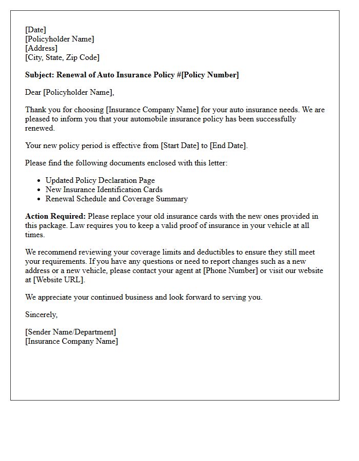Renewal Auto Insurance Policy And Identification Card Delivery Letter