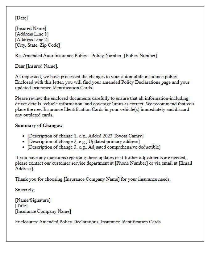 Amended Auto Insurance Policy And Identification Card Delivery Letter