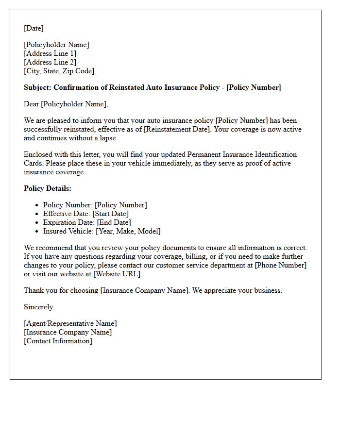 Reinstated Auto Insurance Policy And Identification Card Delivery Letter