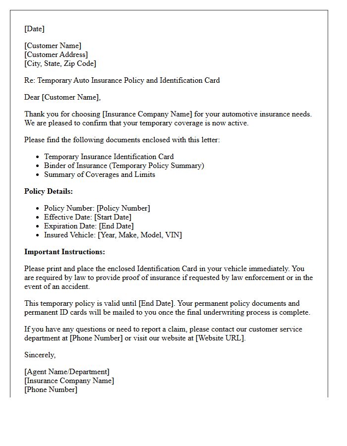 Temporary Auto Insurance Policy And Identification Card Delivery Letter