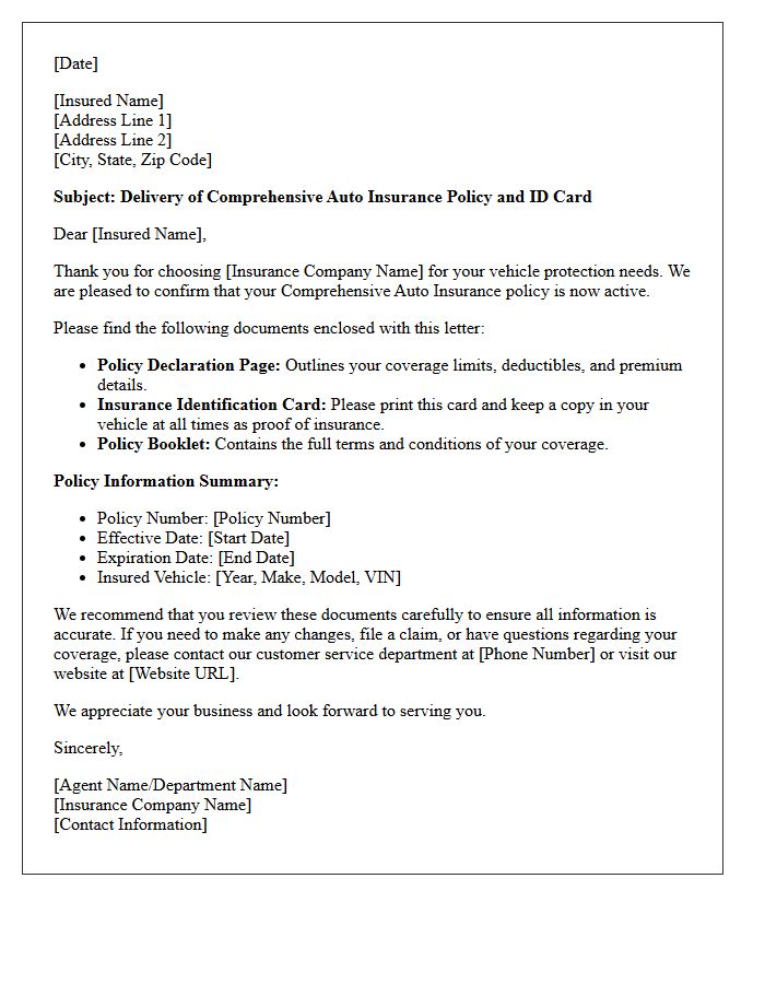 Comprehensive Auto Insurance Policy And Identification Card Delivery Letter