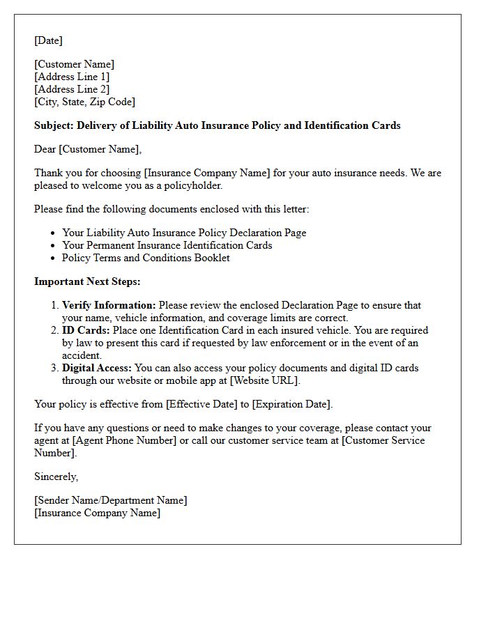 Liability Auto Insurance Policy And Identification Card Delivery Letter
