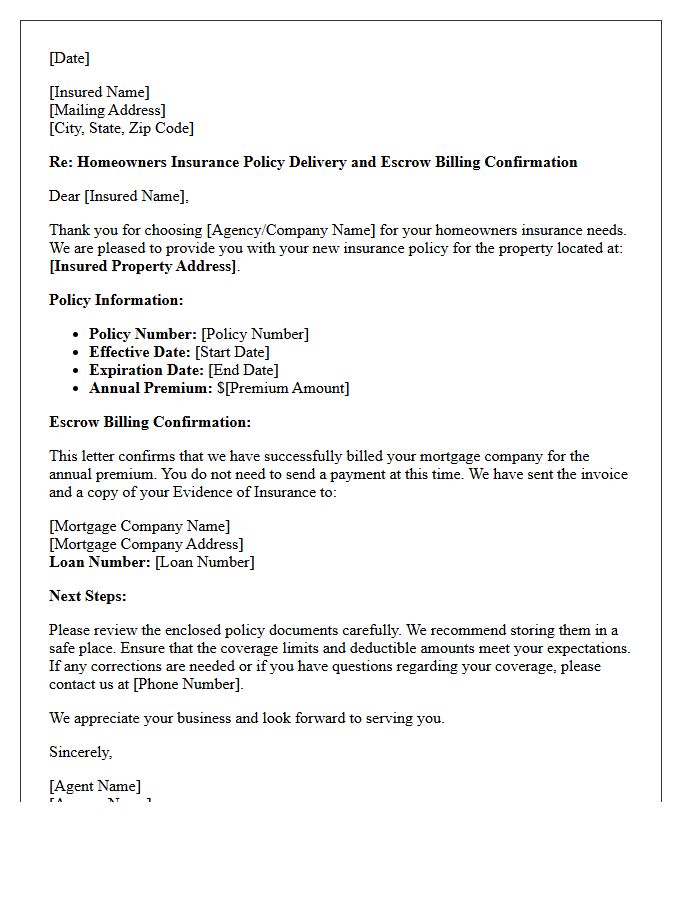 Homeowners Policy Delivery and Escrow Billing Confirmation Letter
