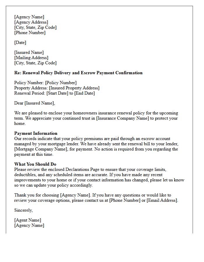 Renewal Homeowners Policy Delivery and Escrow Payment Confirmation Letter