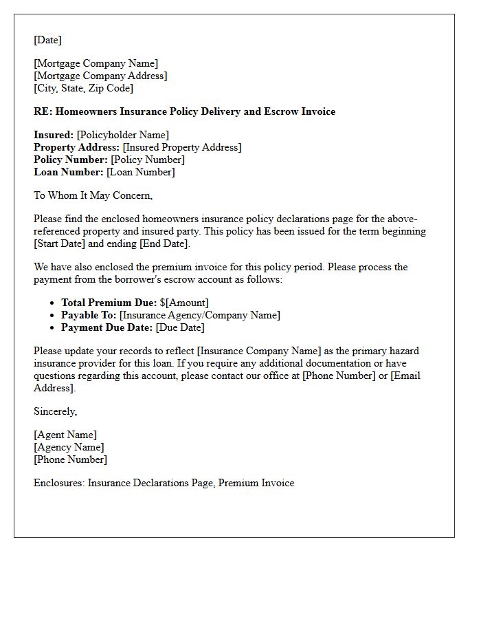 Homeowners Insurance Policy Delivery and Escrow Invoice Letter