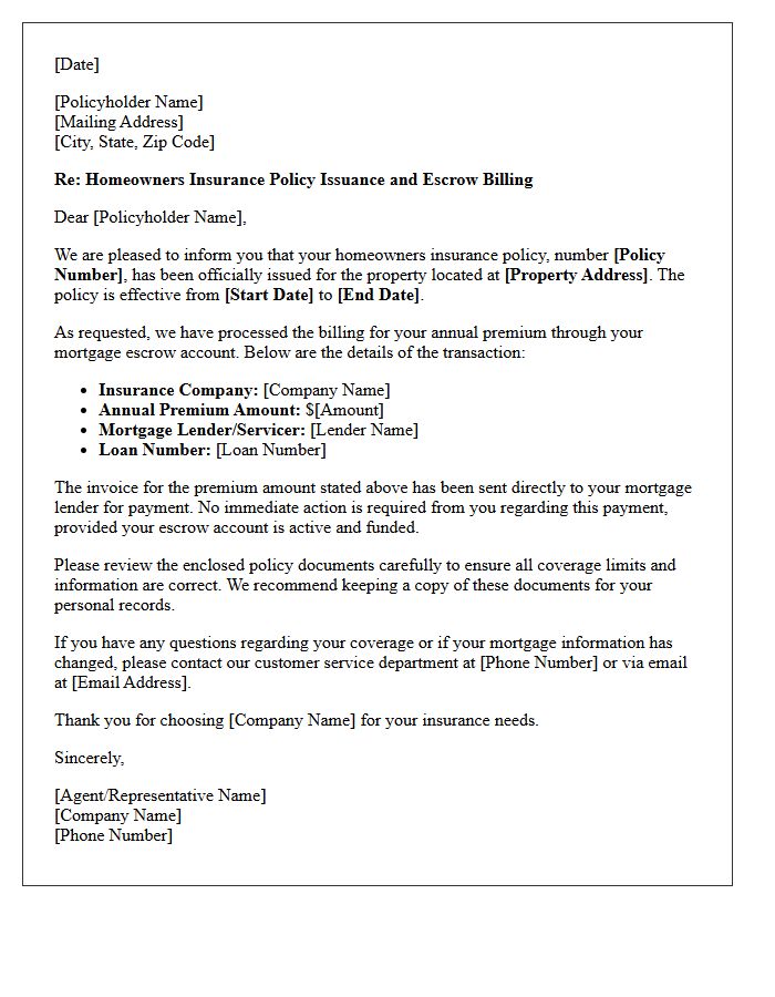 Homeowners Policy Issuance and Escrow Billing Notification Letter
