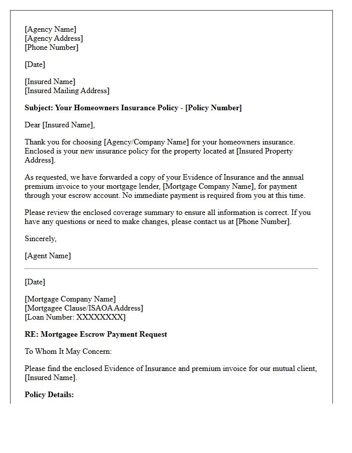 Insured Homeowners Policy Delivery and Mortgagee Escrow Letter