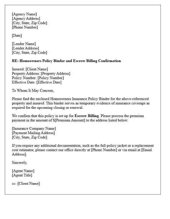 Homeowners Policy Binder Delivery and Escrow Billing Confirmation Letter