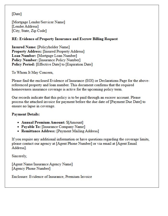 Evidence of Homeowners Insurance Delivery and Escrow Billing Letter