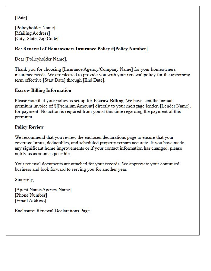 Annual Homeowners Policy Delivery and Escrow Account Billing Letter