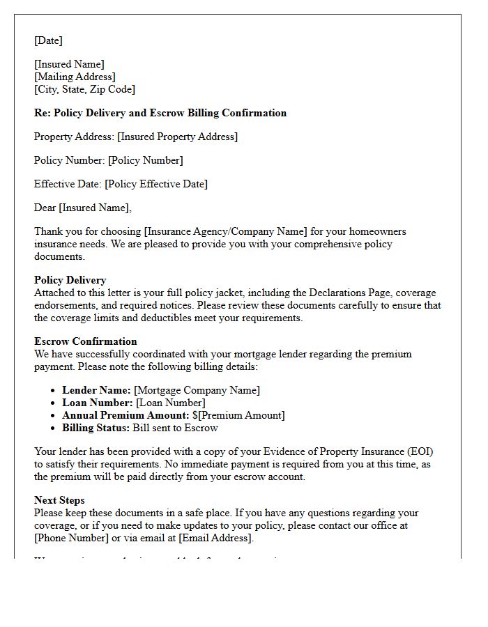 Comprehensive Homeowners Policy Delivery and Escrow Confirmation Letter
