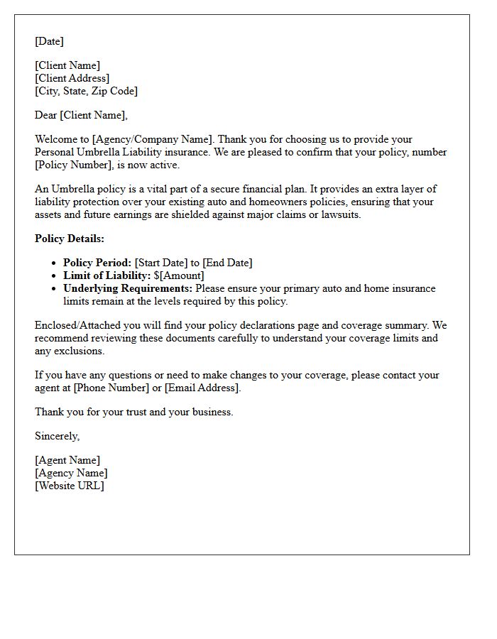 New Client Personal Umbrella Liability Policy Welcome Letter