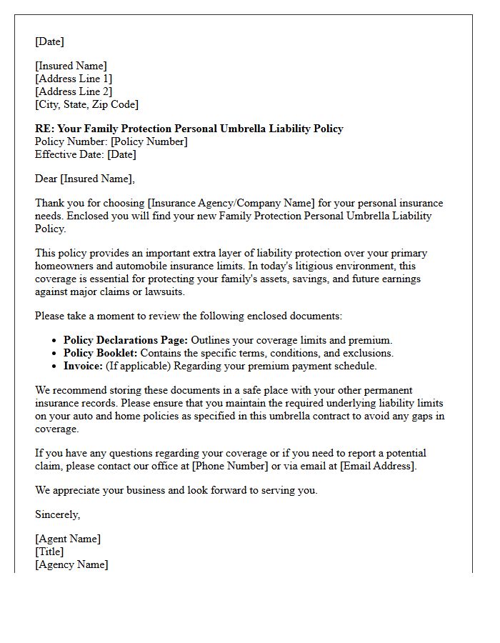 Family Protection Personal Umbrella Liability Policy Delivery Letter
