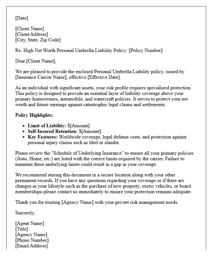 High Net Worth Personal Umbrella Liability Policy Dispatch Letter
