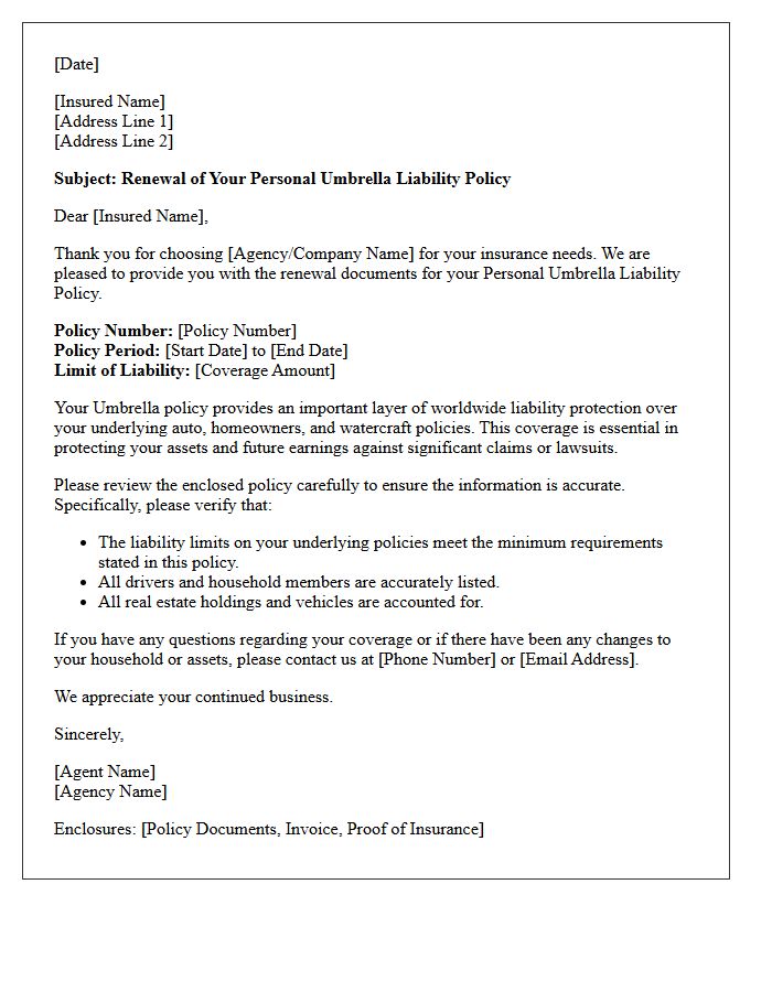 Annual Renewal Personal Umbrella Liability Policy Delivery Letter