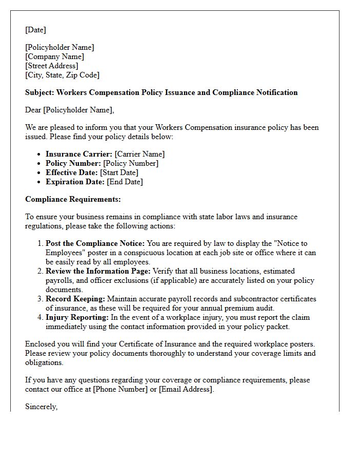 Workers Compensation Policy Issuance and Compliance Letter