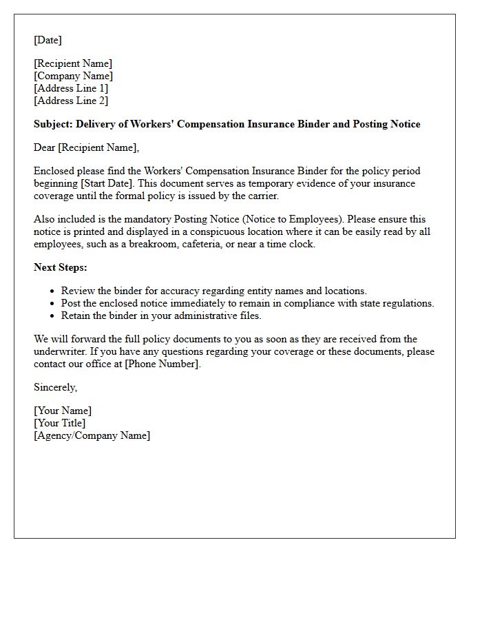 Workers Compensation Binder and Posting Notice Delivery Letter