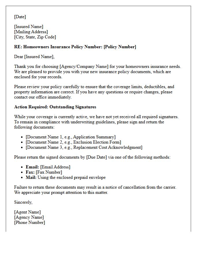 Homeowners Insurance Policy Delivery with Outstanding Signatures Letter