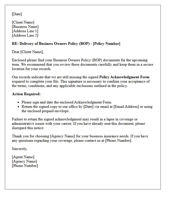 Business Owners Policy Delivery and Missing Acknowledgment Signature Letter